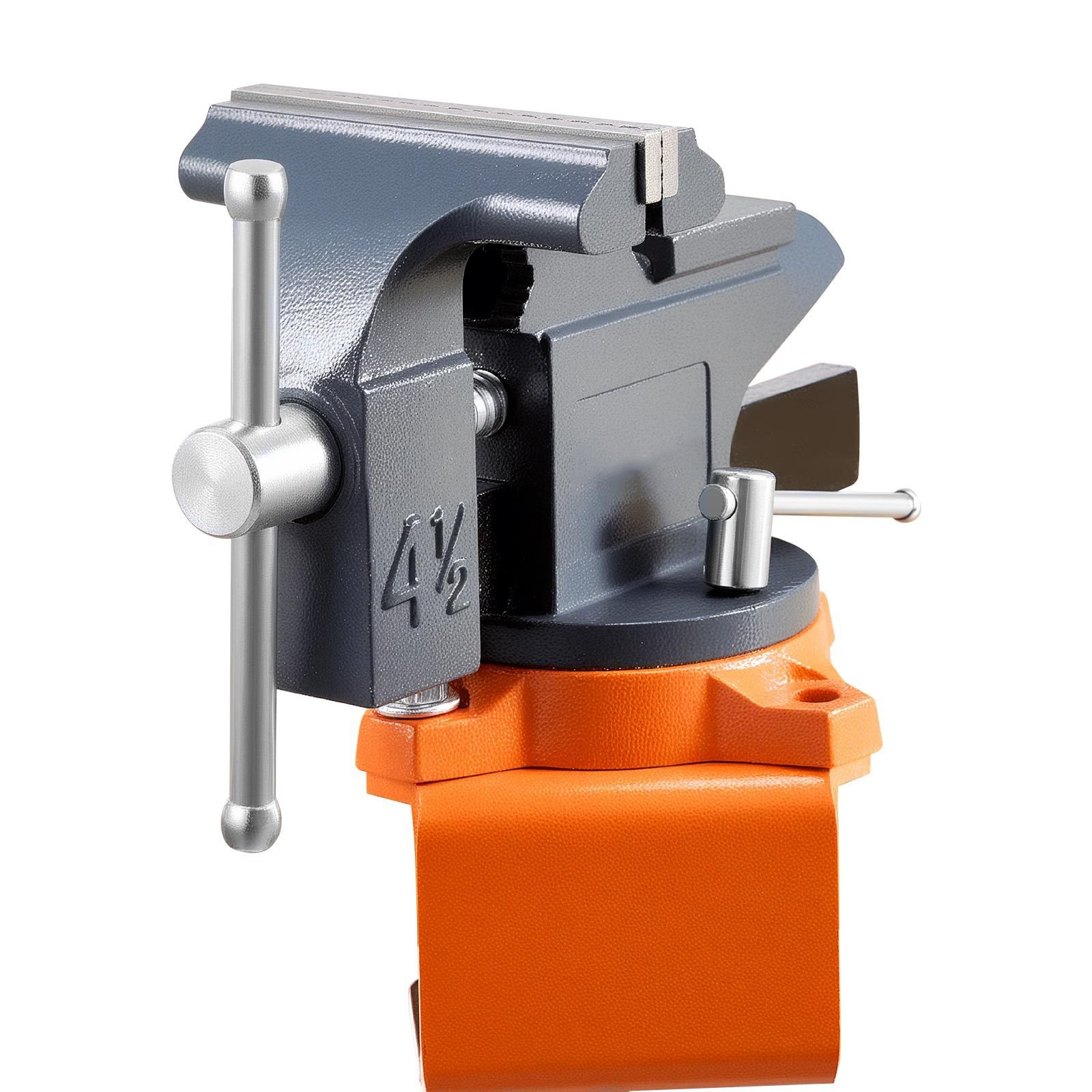 bench vise, 4.5 inch, portable workbench vice with 270° swivel base, quick release rotating bench clamp, cast iron construction, for woodworking, metalworking, drilling, sawing, cutting conduit