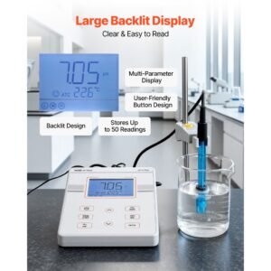 benchtop ph meter, 0 14 ph range, laboratory tester kit with large backlit display, calibration solutions, power adapter, stores up to 50 readings, for temperature and water quality testing