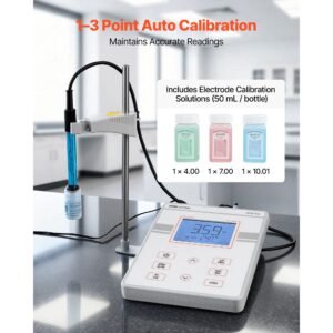 benchtop ph meter, 0 14 ph range, laboratory tester kit with large backlit display, calibration solutions, power adapter, stores up to 50 readings, for temperature and water quality testing