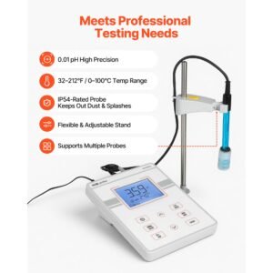 benchtop ph meter, 0 14 ph range, laboratory tester kit with large backlit display, calibration solutions, power adapter, stores up to 50 readings, for temperature and water quality testing