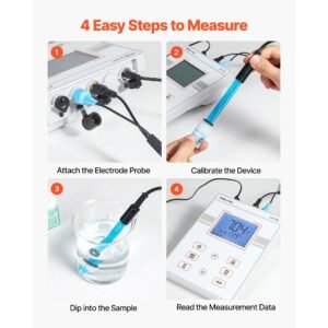 benchtop ph meter, 0 14 ph range, laboratory tester kit with large backlit display, calibration solutions, power adapter, stores up to 50 readings, for temperature and water quality testing