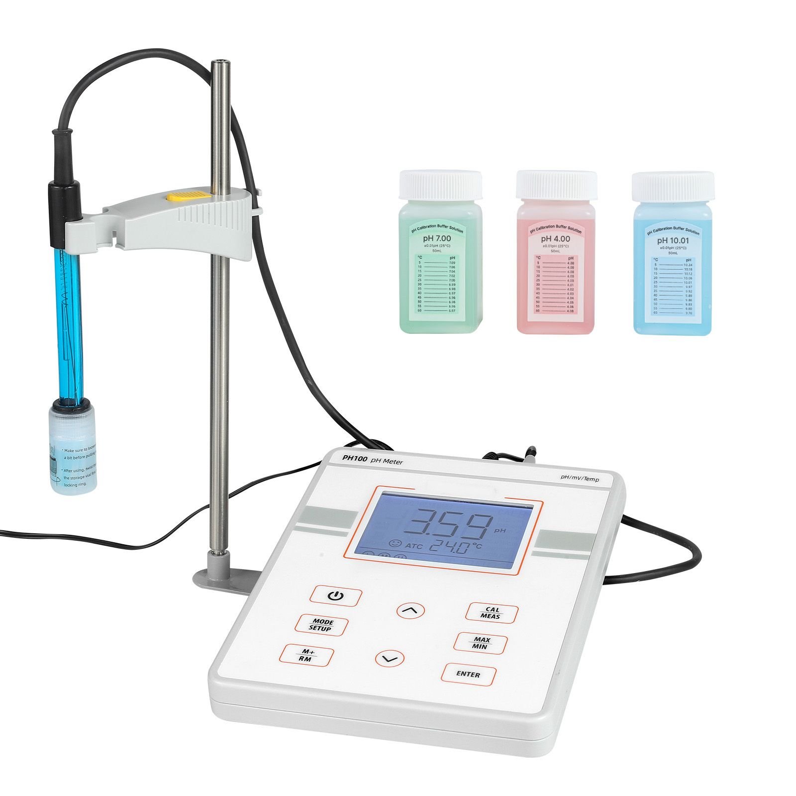 benchtop ph meter, 0 14 ph range, laboratory tester kit with large backlit display, calibration solutions, power adapter, stores up to 50 readings, for temperature and water quality testing