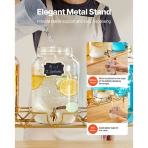 beverage dispenser, 3 pack 2 gallon drink dispensers for parties, glass juice dispenser with metal stand, stainless steel spigot, infuser, iced tea lemonade juice water dispensers for parties