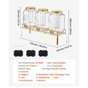 beverage dispenser, 3 pack 2 gallon drink dispensers for parties, glass juice dispenser with metal stand, stainless steel spigot, infuser, iced tea lemonade juice water dispensers for parties