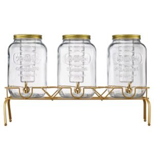 beverage dispenser, 3 pack 2 gallon drink dispensers for parties, glass juice dispenser with metal stand, stainless steel spigot, infuser, iced tea lemonade juice water dispensers for parties
