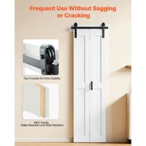 bifold barn door, 24" x 84", mdf bi fold sliding closet doors, hardware kit included, h frame space saving design, need to assemble, for bedroom, living room, wardrobe and room divider, white