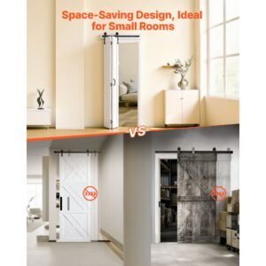 bifold barn door, 24" x 84", mdf bi fold sliding closet doors, hardware kit included, h frame space saving design, need to assemble, for bedroom, living room, wardrobe and room divider, white