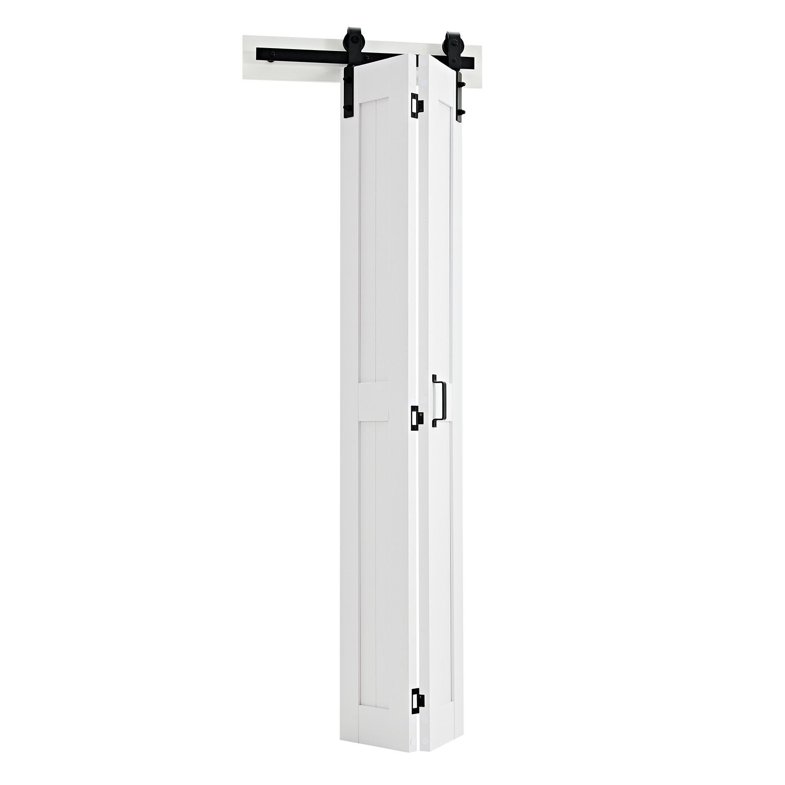 bifold barn door, 24" x 84", mdf bi fold sliding closet doors, hardware kit included, h frame space saving design, need to assemble, for bedroom, living room, wardrobe and room divider, white