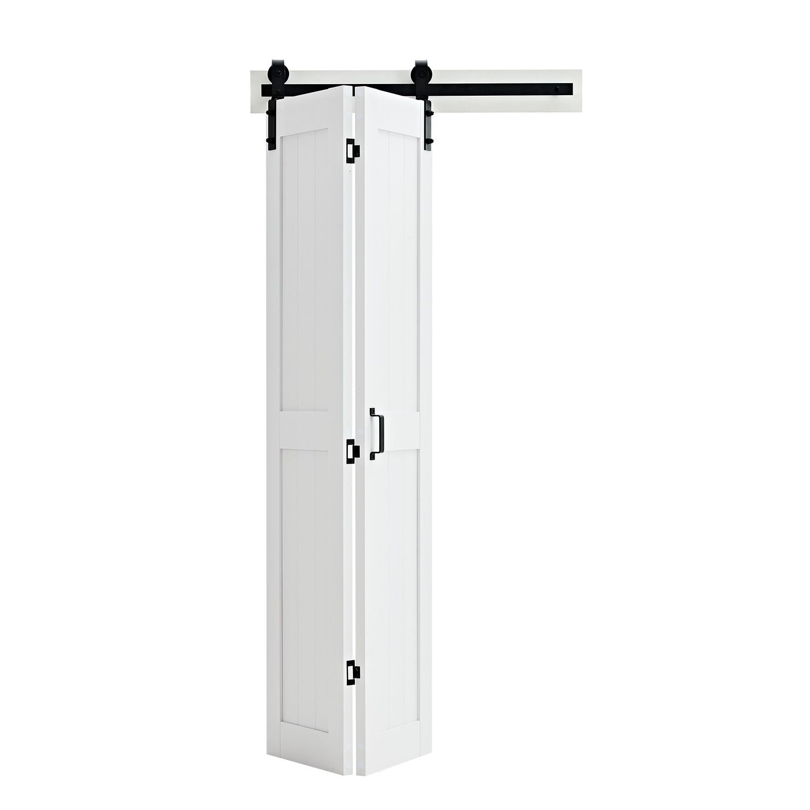 bifold barn door, 36" x 84", mdf bi fold sliding closet doors, hardware kit included, h frame space saving design, need to assemble, for bedroom, living room, wardrobe and room divider, white