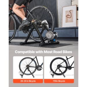 bike trainer, 26 29 inch & 700c wheels, foldable fluid bicycle stationary trainer stand for indoor exercise riding with quick release skewer & front wheel riser block, fits road bikes, black