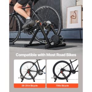 bike trainer, 6 level resistance, 26 29 in & 700c wheels, foldable magnetic bicycle stationary stand for indoor exercise riding with quick release skewer & front wheel riser block for road bikes
