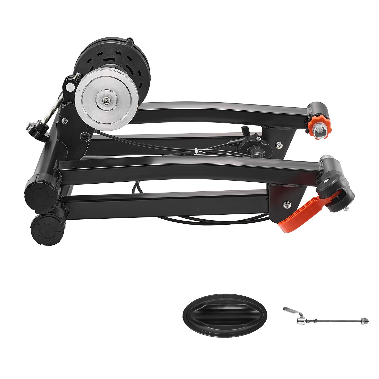 bike trainer, 6 level resistance, 26 29 in & 700c wheels, foldable magnetic bicycle stationary stand for indoor exercise riding with quick release skewer & front wheel riser block for road bikes