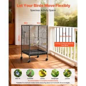 bird cage, 18 x 18 x 30 inch, open flat top, wrought iron bird flight cage with perches, slide out tray and plastic feeders, casters, for parrot, blue tit, cockatiel, canary, budgerigar, conure