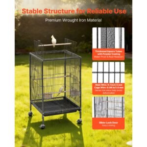bird cage, 18 x 18 x 30 inch, open flat top, wrought iron bird flight cage with perches, slide out tray and plastic feeders, casters, for parrot, blue tit, cockatiel, canary, budgerigar, conure