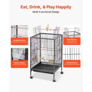 bird cage, 18 x 18 x 30 inch, open flat top, wrought iron bird flight cage with perches, slide out tray and plastic feeders, casters, for parrot, blue tit, cockatiel, canary, budgerigar, conure