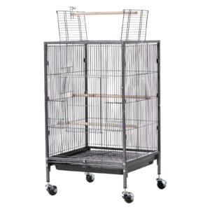 Bird Cage, 18 x 18 x 30 inch, Open Flat Top, Wrought Iron Bird Flight Cage with Perches, Slide-Out Tray and Plastic Feeders, Casters, for Parrot, Blue Tit, Cockatiel, Canary, Budgerigar, Conure