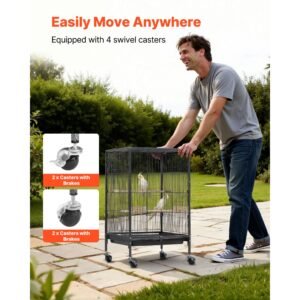 bird cage, 18 x 18 x 30 inch, open flat top, wrought iron bird flight cage with perches, slide out tray and plastic feeders, casters, for parrot, blue tit, cockatiel, canary, budgerigar, conure