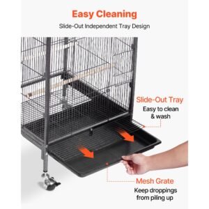 bird cage, 18 x 18 x 30 inch, open flat top, wrought iron bird flight cage with perches, slide out tray and plastic feeders, casters, for parrot, blue tit, cockatiel, canary, budgerigar, conure