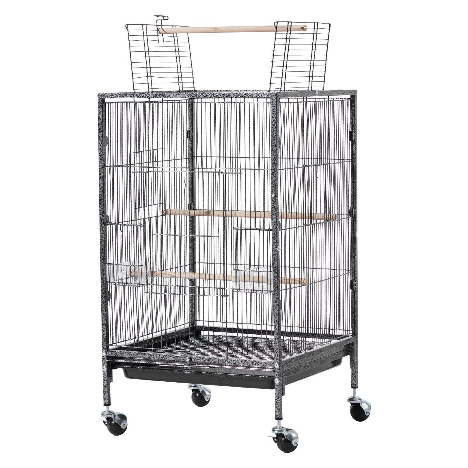 bird cage, 18 x 18 x 30 inch, open flat top, wrought iron bird flight cage with perches, slide out tray and plastic feeders, casters, for parrot, blue tit, cockatiel, canary, budgerigar, conure