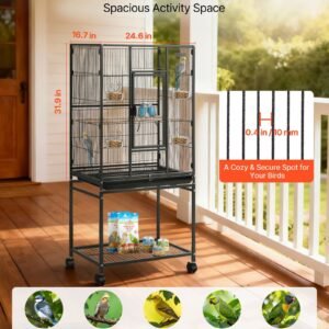 bird cage, 24.6 x 16.7 x 53.9 inch, flat top, wrought iron bird flight cage with perches, slide out tray and plastic feeders, casters, for parrot, blue tit, cockatiel, canary, budgerigar, conure