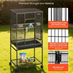 bird cage, 24.6 x 16.7 x 53.9 inch, flat top, wrought iron bird flight cage with perches, slide out tray and plastic feeders, casters, for parrot, blue tit, cockatiel, canary, budgerigar, conure