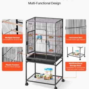 bird cage, 24.6 x 16.7 x 53.9 inch, flat top, wrought iron bird flight cage with perches, slide out tray and plastic feeders, casters, for parrot, blue tit, cockatiel, canary, budgerigar, conure