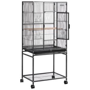 Bird Cage, 24.6 x 16.7 x 53.9 inch, Flat Top, Wrought Iron Bird Flight Cage with Perches, Slide-Out Tray and Plastic Feeders, Casters, for Parrot, Blue Tit, Cockatiel, Canary, Budgerigar, Conure