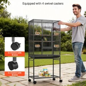 bird cage, 24.6 x 16.7 x 53.9 inch, flat top, wrought iron bird flight cage with perches, slide out tray and plastic feeders, casters, for parrot, blue tit, cockatiel, canary, budgerigar, conure
