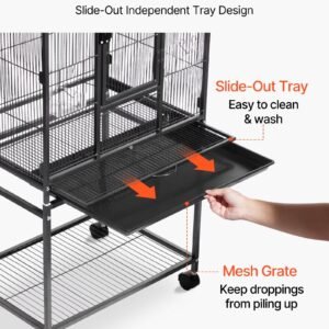 bird cage, 24.6 x 16.7 x 53.9 inch, flat top, wrought iron bird flight cage with perches, slide out tray and plastic feeders, casters, for parrot, blue tit, cockatiel, canary, budgerigar, conure