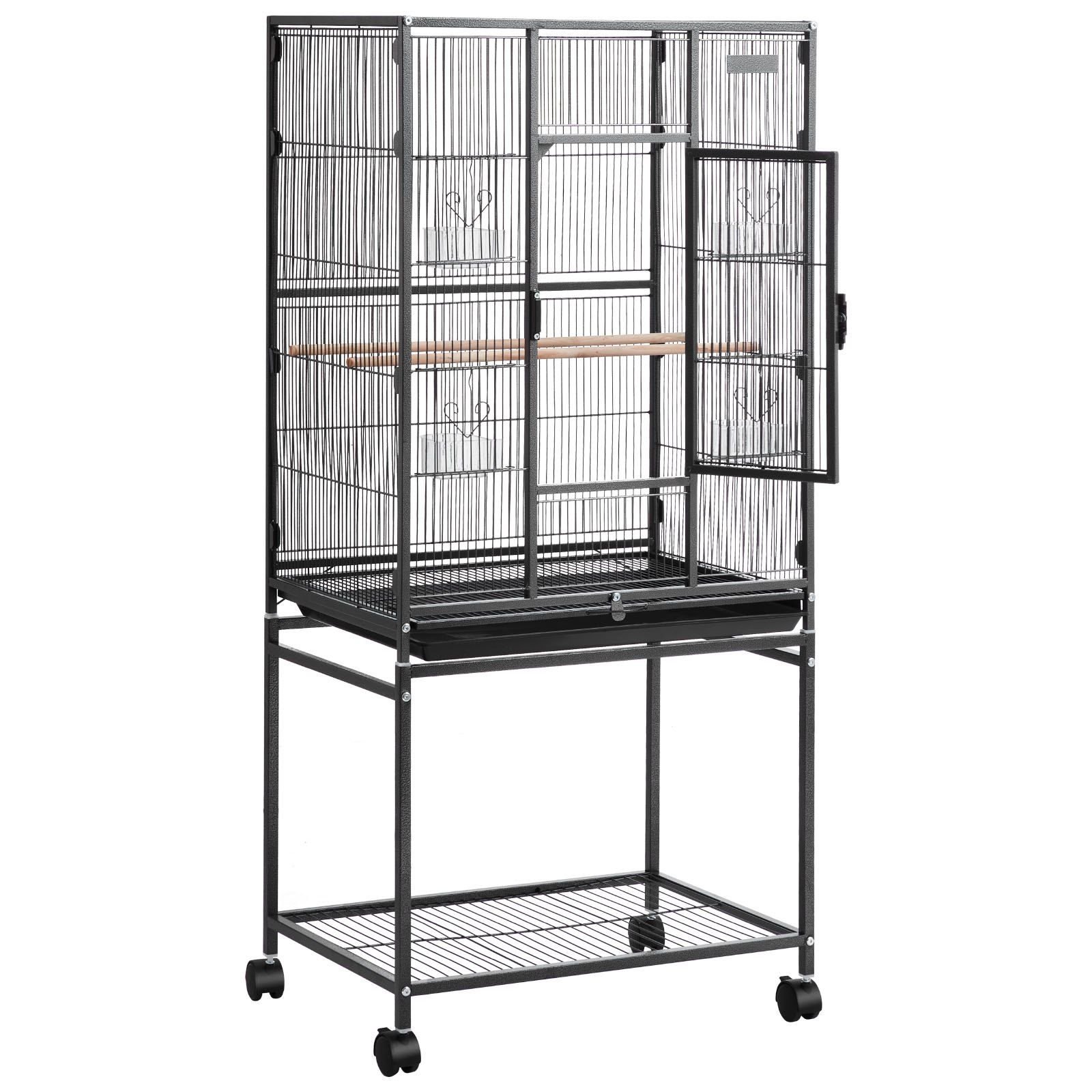bird cage, 24.6 x 16.7 x 53.9 inch, flat top, wrought iron bird flight cage with perches, slide out tray and plastic feeders, casters, for parrot, blue tit, cockatiel, canary, budgerigar, conure