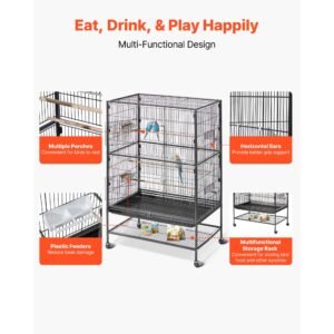 bird cage, 31.5 x 20.5 x 52 inch, flat top, wrought iron bird flight cage with perches, slide out tray and plastic feeders, casters, for parrot, blue tit, cockatiel, canary, and monk parakeet