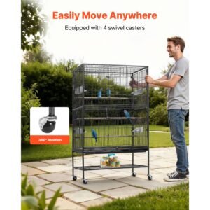 bird cage, 31.5 x 20.5 x 52 inch, flat top, wrought iron bird flight cage with perches, slide out tray and plastic feeders, casters, for parrot, blue tit, cockatiel, canary, and monk parakeet