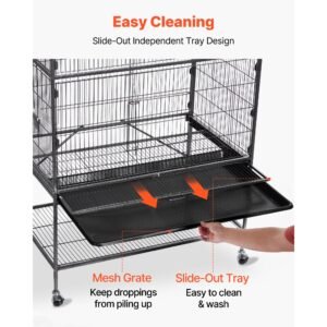 bird cage, 31.5 x 20.5 x 52 inch, flat top, wrought iron bird flight cage with perches, slide out tray and plastic feeders, casters, for parrot, blue tit, cockatiel, canary, and monk parakeet