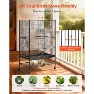 Bird Cage, 31.5 x 20.5 x 52 inch, Flat Top, Wrought Iron Bird Flight Cage with Perches, Slide-Out Tray and Plastic Feeders, Casters, for Parrot, Blue Tit, Cockatiel, Canary, and Monk Parakeet