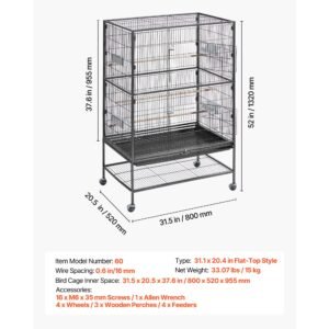 bird cage, 31.5 x 20.5 x 52 inch, flat top, wrought iron bird flight cage with perches, slide out tray and plastic feeders, casters, for parrot, blue tit, cockatiel, canary, and monk parakeet