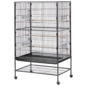 bird cage, 31.5 x 20.5 x 52 inch, flat top, wrought iron bird flight cage with perches, slide out tray and plastic feeders, casters, for parrot, blue tit, cockatiel, canary, and monk parakeet