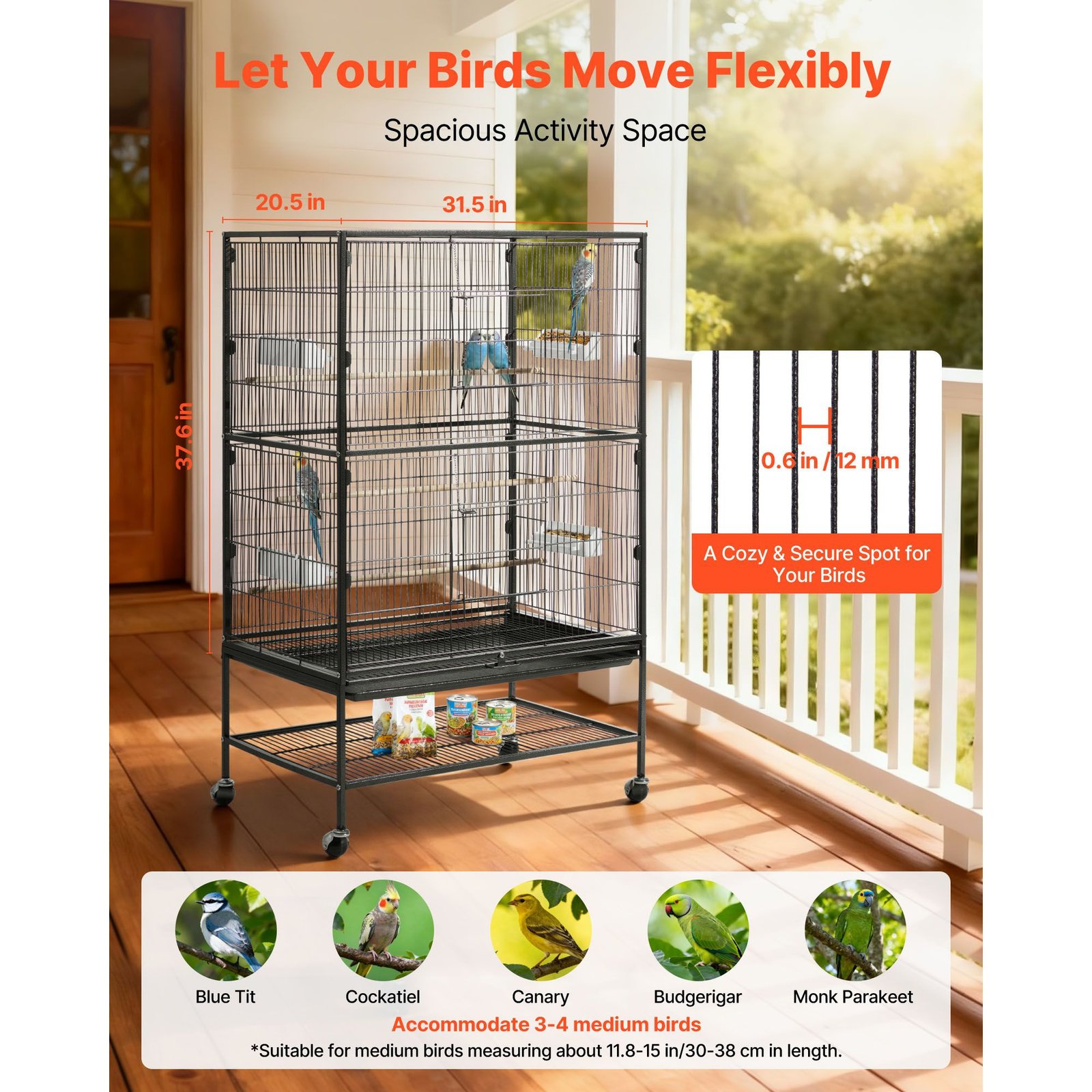 bird cage, 31.5 x 20.5 x 52 inch, flat top, wrought iron bird flight cage with perches, slide out tray and plastic feeders, casters, for parrot, blue tit, cockatiel, canary, and monk parakeet