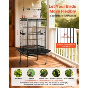 bird cage, 32.7 x 31.1 x 82.7 inch, open flat top, wrought iron bird flight cage with perches, slide out tray, plastic feeders, for cockatiel, monk parakeet, amazon parrot, african grey parrot