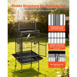 bird cage, 32.7 x 31.1 x 82.7 inch, open flat top, wrought iron bird flight cage with perches, slide out tray, plastic feeders, for cockatiel, monk parakeet, amazon parrot, african grey parrot