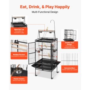 bird cage, 32.7 x 31.1 x 82.7 inch, open flat top, wrought iron bird flight cage with perches, slide out tray, plastic feeders, for cockatiel, monk parakeet, amazon parrot, african grey parrot