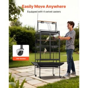 bird cage, 32.7 x 31.1 x 82.7 inch, open flat top, wrought iron bird flight cage with perches, slide out tray, plastic feeders, for cockatiel, monk parakeet, amazon parrot, african grey parrot