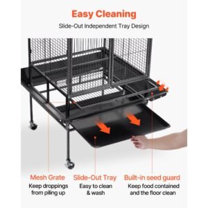bird cage, 32.7 x 31.1 x 82.7 inch, open flat top, wrought iron bird flight cage with perches, slide out tray, plastic feeders, for cockatiel, monk parakeet, amazon parrot, african grey parrot