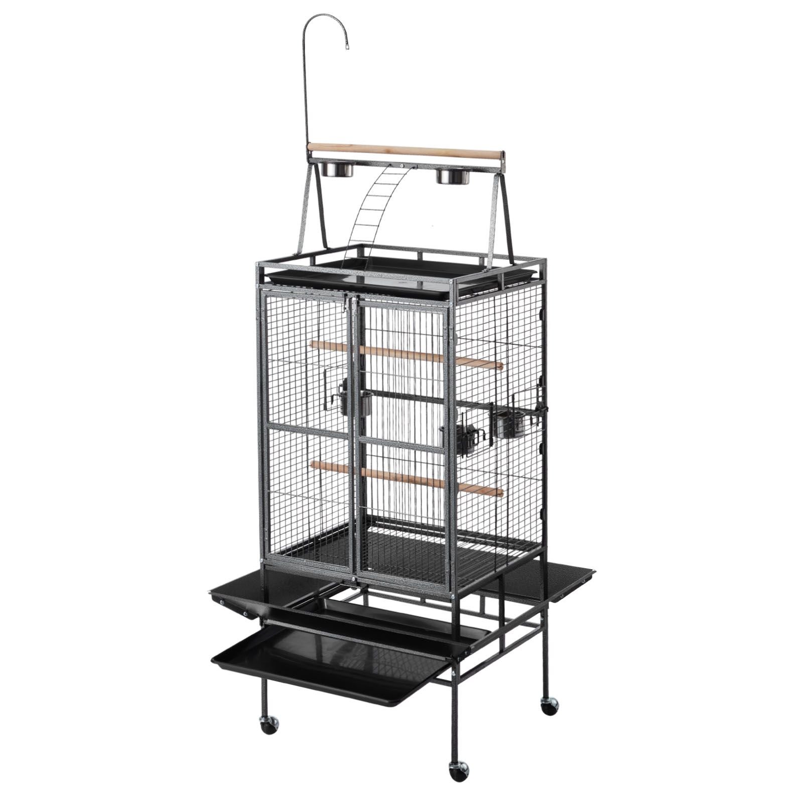 bird cage, 32.7 x 31.1 x 82.7 inch, open flat top, wrought iron bird flight cage with perches, slide out tray, plastic feeders, for cockatiel, monk parakeet, amazon parrot, african grey parrot