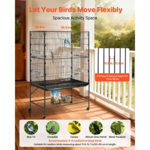 bird cage, 36.6 x 22.8 x 59.5 inch, flat top, wrought iron bird flight cage with perches, slide out tray and plastic feeders, for blue tit, cockatiel, canary, monk parakeet, african grey parrot