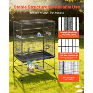 bird cage, 36.6 x 22.8 x 59.5 inch, flat top, wrought iron bird flight cage with perches, slide out tray and plastic feeders, for blue tit, cockatiel, canary, monk parakeet, african grey parrot