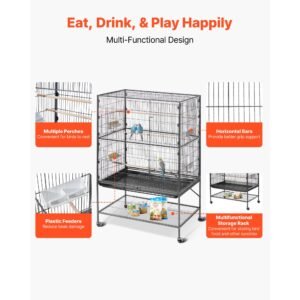 bird cage, 36.6 x 22.8 x 59.5 inch, flat top, wrought iron bird flight cage with perches, slide out tray and plastic feeders, for blue tit, cockatiel, canary, monk parakeet, african grey parrot