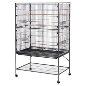 Bird Cage, 36.6 x 22.8 x 59.5 inch, Flat Top, Wrought Iron Bird Flight Cage with Perches, Slide-Out Tray and Plastic Feeders, for Blue Tit, Cockatiel, Canary, Monk Parakeet, African Grey Parrot