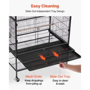 bird cage, 36.6 x 22.8 x 59.5 inch, flat top, wrought iron bird flight cage with perches, slide out tray and plastic feeders, for blue tit, cockatiel, canary, monk parakeet, african grey parrot