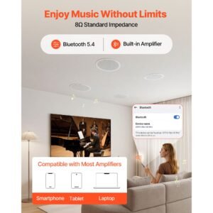 bluetooth ceiling speakers, 6.5", in ceiling & in wall speaker system with amplifier, 2 way, for damp and humid placement, home theater, covered outdoor patio and flush mount wired, 4 speakers