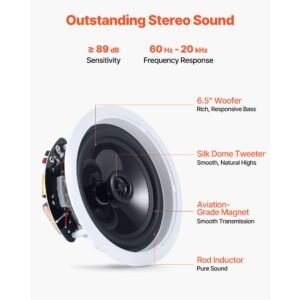 bluetooth ceiling speakers, 6.5", in ceiling & in wall speaker system with amplifier, 2 way, for damp and humid placement, home theater, covered outdoor patio and flush mount wired, 4 speakers